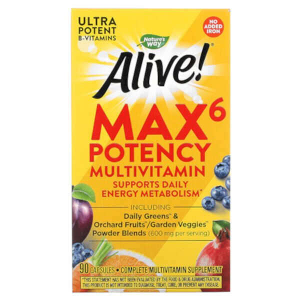 Alive! Max6 Потенция Мультивитамин, Без добавления железа - 90 капсул - Nature's Way Nature's Way