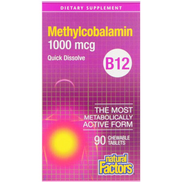 B12, Метилкобаламин, 1000 мкг, 90 жевательных таблеток Natural Factors