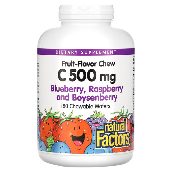 Fruit-Flavor Chew Vitamin C, черника, малина и бойзеновая ягода, 500 мг, 180 жевательных вафель Natural Factors
