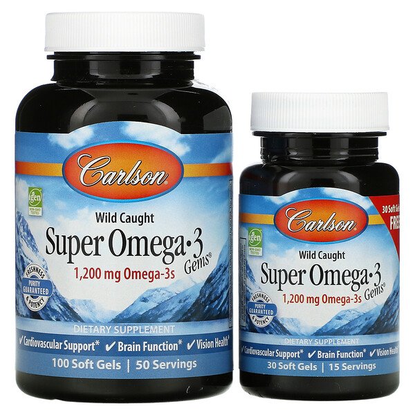 Wild Caught, Super Omega-3 Gems, 600 мг, 100 + 30 мягких желатиновых капсул Carlson