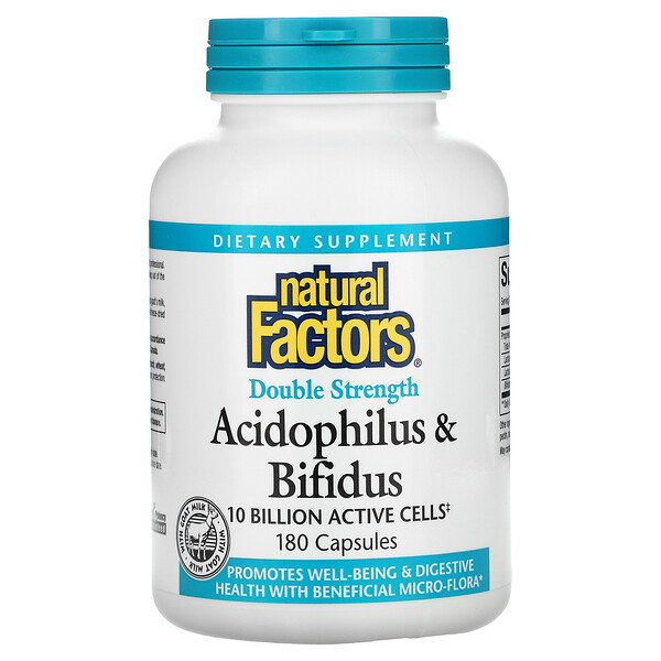 Acidophilus & Bifidus, Двойная сила, 10 миллиардов, 180 капсул Natural Factors