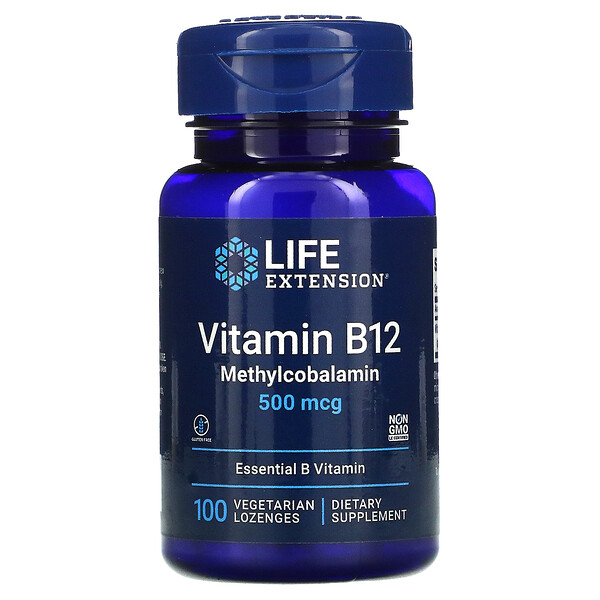 Витамин B12, метилкобаламин, 500 мкг, 100 вегетарианских пастилок Life Extension