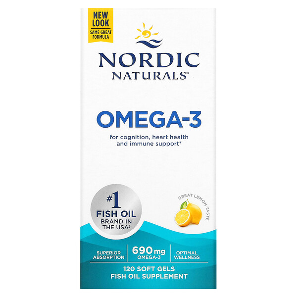 Омега-3, Лимон, 690 мг, 120 мягких таблеток (345 мг на мягкую желатиновую капсулу) Nordic Naturals