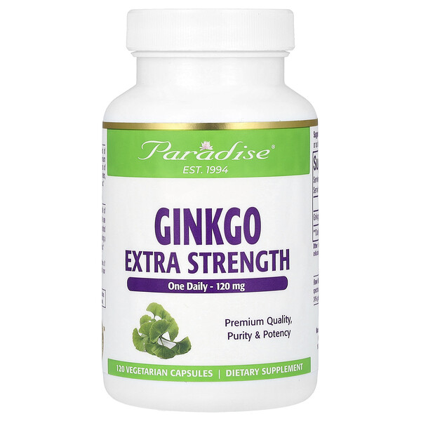 Гинкго, Дополнительная сила, 120 мг, 120 вегетарианских капсул Paradise Herbs