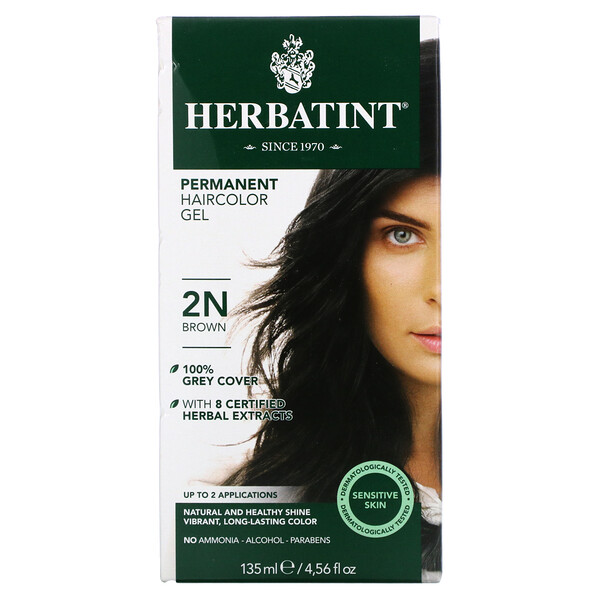 Стойкая гель-краска для волос, 2N, коричневый, 4,56 жидких унций (135 мл) Herbatint