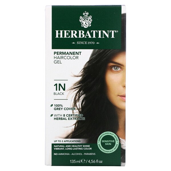 Стойкая гель-краска для волос, 1N, черный, 4,56 жидких унций (135 мл) Herbatint
