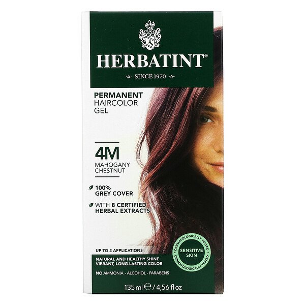 Стойкая гель-краска для волос, 4M, махагоновый каштан, 4,56 жидких унций (135 мл) Herbatint