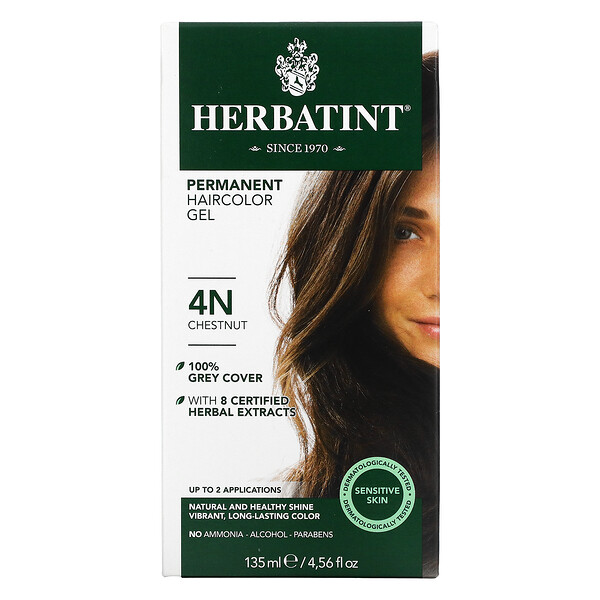 Стойкая гель-краска для волос, 4N, каштановый, 4,56 жидких унций (135 мл) Herbatint