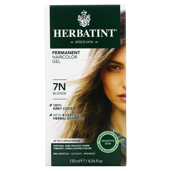 Стойкая гель-краска для волос, 7N Blonde, 4,56 жидких унций (135 мл) Herbatint