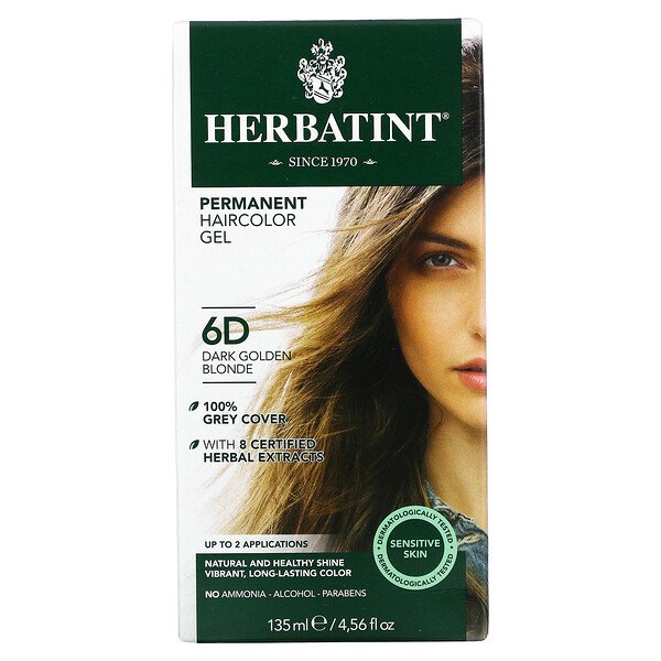 Стойкая гель-краска для волос, 6D, темно-золотистый блонд, 4,56 ж. унц. (135 мл) Herbatint