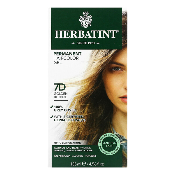 Стойкая гель-краска для волос, 7D Golden Blonde, 4,56 ж. унц. (135 мл) Herbatint