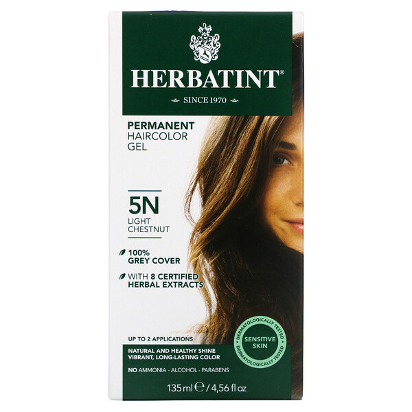Стойкая гель-краска для волос, 5N, светло-каштановый, 4,56 жидких унций (135 мл) Herbatint