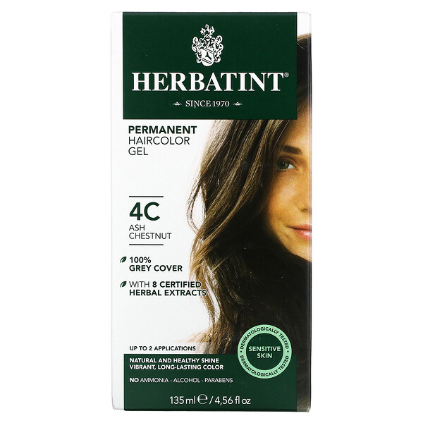 Стойкая гель-краска для волос, 4C, пепельно-каштановый, 4,56 жидких унций (135 мл) Herbatint