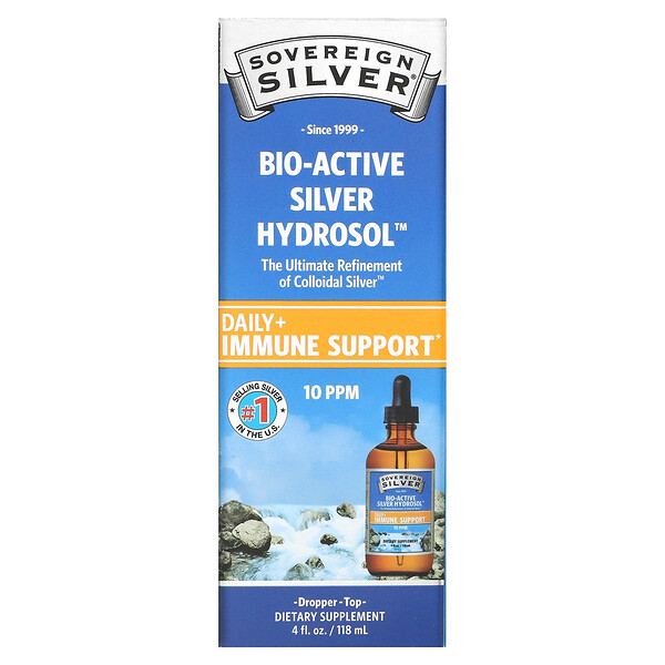 Bio-Active Silver Hydrosol Dropper-Top, ежедневная поддержка + поддержка иммунитета, 10 частей на миллион, 4 жидких унции (118 мл) Sovereign Silver