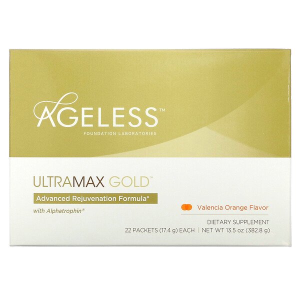 UltraMax Gold, Усовершенствованная формула омоложения с альфатрофином, вкус валенсийского апельсина, 22 пакетика по 17,4 г каждый Ageless Foundation Laboratories