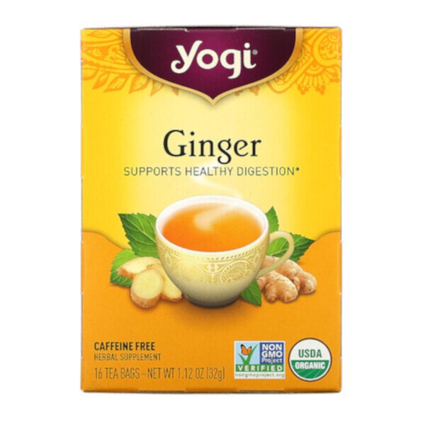 Органический имбирь, 16 чайных пакетиков, 1,12 унции (32 г) Yogi Tea