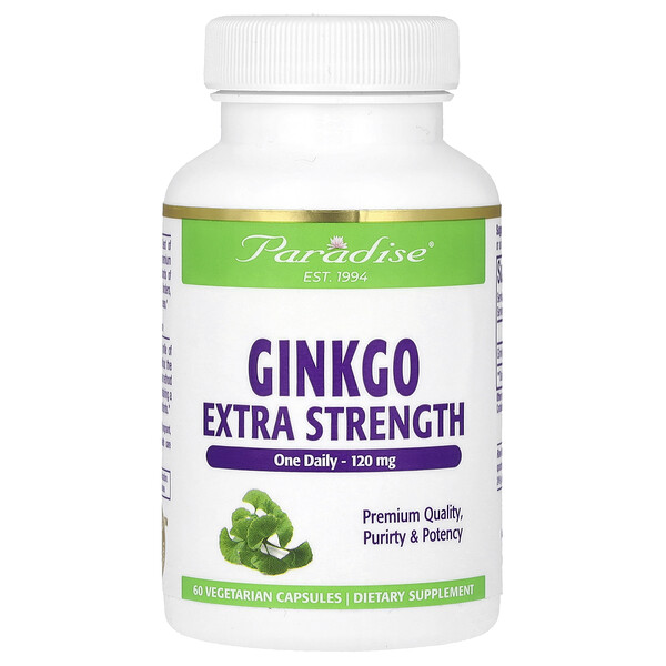 Гинкго, Дополнительная сила, 120 мг, 60 вегетарианских капсул Paradise Herbs