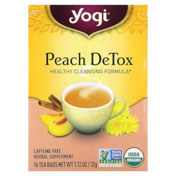 Peach DeTox, Без кофеина, 16 чайных пакетиков, 1,12 унции (32 г) Yogi