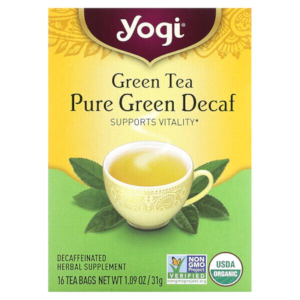 Зеленый чай, Pure Green без кофеина, 16 чайных пакетиков, 1,09 унции (31 г) Yogi