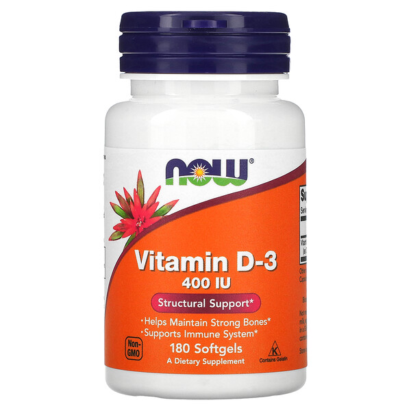 Витамин D-3, структурная поддержка, 10 мкг (400 МЕ), 180 мягких таблеток NOW Foods