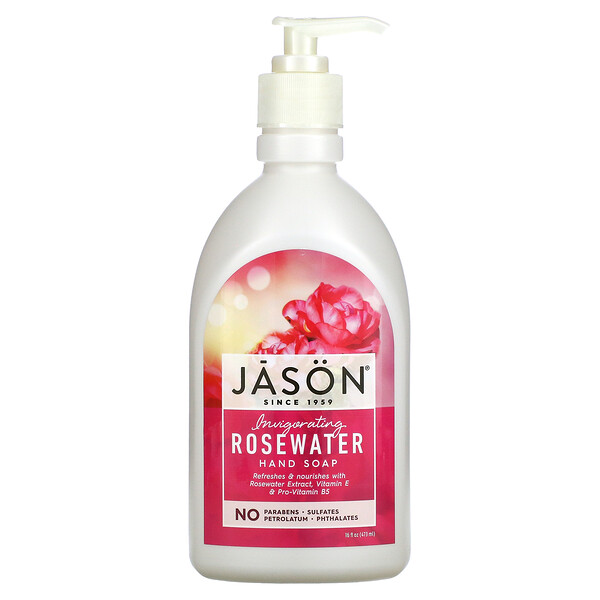 Бодрящее мыло для рук, розовая вода, 16 жидких унций (473 мл) Jason Natural