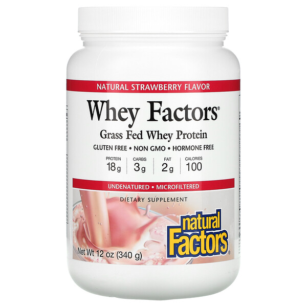 Whey Factors, Сывороточный протеин травяного откорма, натуральная клубника, 12 унций (340 г) Natural Factors