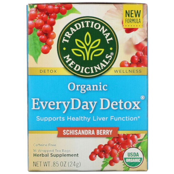 Organic EveryDay Detox, Без кофеина, ягоды лимонника, 16 чайных пакетиков в упаковке, 0,85 унции (24 г) Traditional Medicinals