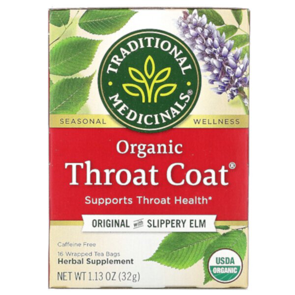 Organic Throat Coat, Original со скользким вязом, без кофеина, 16 чайных пакетиков в упаковке, 1,13 унции (32 г) Traditional Medicinals