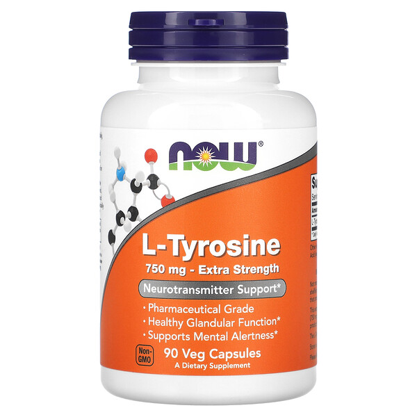 L-тирозин, экстра сила, 750 мг, 90 растительных капсул NOW Foods