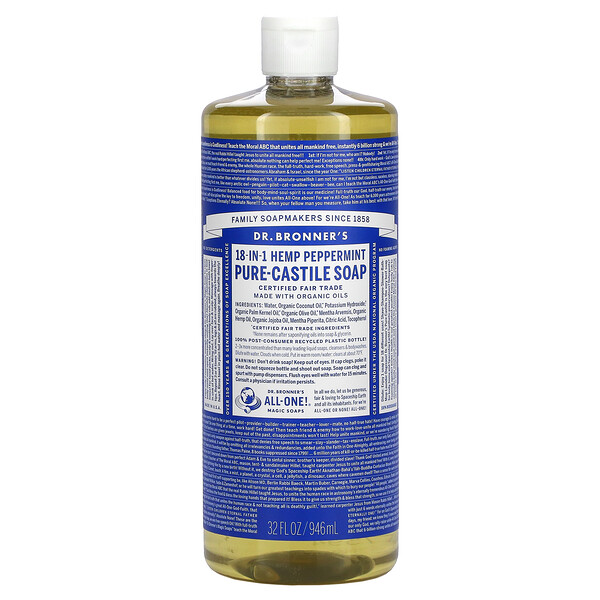 18-in-1 Hemp Pure-Castile Soap, мята перечная, 32 жидких унции (946 мл) Dr. Bronner's