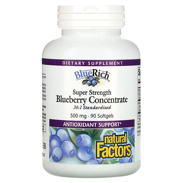 BlueRich, Super Strength, концентрат черники, 500 мг, 90 мягких таблеток Natural Factors