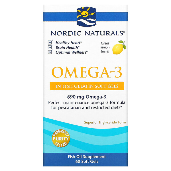 Омега-3, Лимон, 690 мг, 60 мягких капсул из рыбного желатина (345 мг на гель) Nordic Naturals