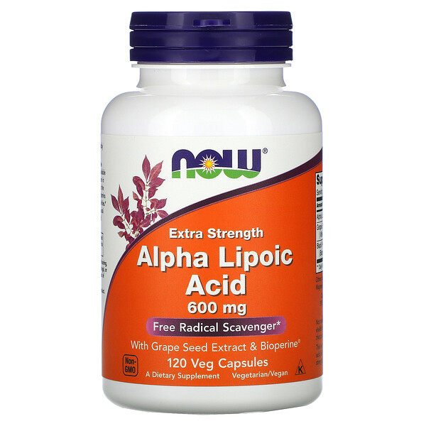 Альфа-липоевая кислота, экстрасильная, 600 мг, 120 растительных капсул NOW Foods