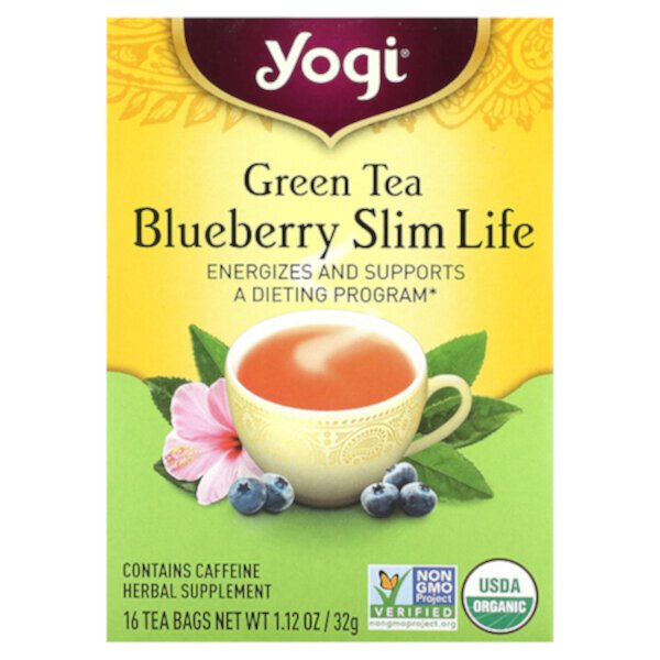 Green Tea Blueberry Slim Life, 16 чайных пакетиков, 1,12 унции (32 г) Yogi