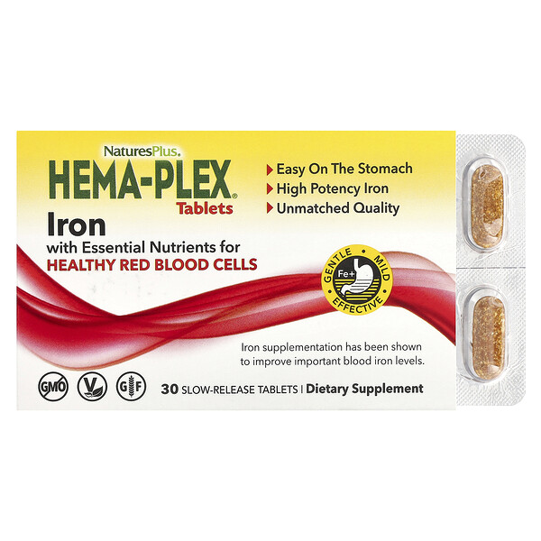 Hema-Plex - Высокая потенция железа - 30 медленнорастворимых таблеток - NaturesPlus NaturesPlus