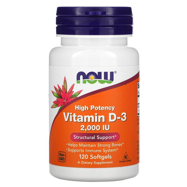 Витамин D-3, 50 мкг (2000 МЕ), 120 мягких таблеток NOW Foods