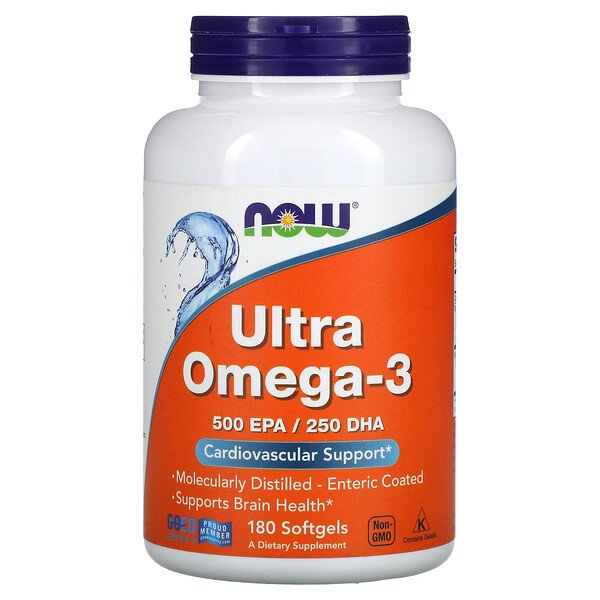 Ultra Omega-3, 500 EPA / 250 DHA, 180 мягких капсул с кишечнорастворимой оболочкой NOW Foods