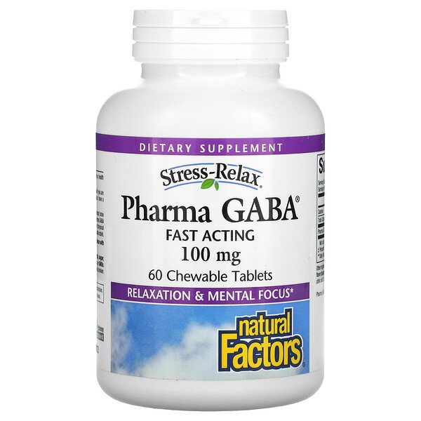 Stress-Relax, Pharma GABA, 100 мг, 60 жевательных таблеток Natural Factors