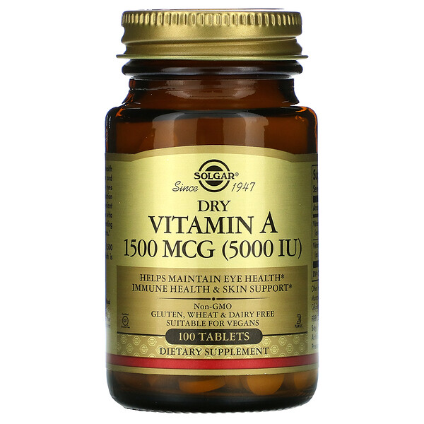 Сухой витамин А, 1500 мкг (5000 МЕ), 100 таблеток Solgar