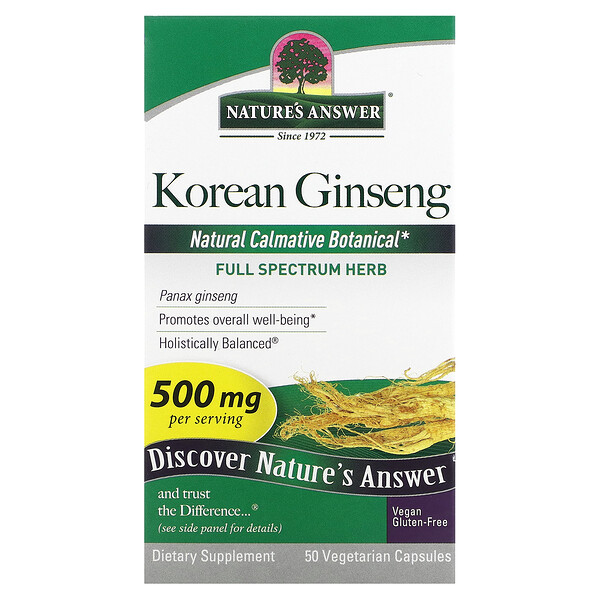 Корейский женьшень, 500 мг, 50 вегетарианских капсул Nature's Answer