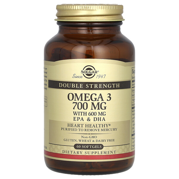 Омега-3, двойная сила, 700 мг, 60 мягких таблеток Solgar