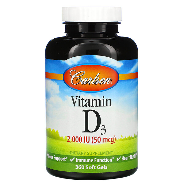 Витамин D3, 2000 МЕ (50 мкг), 360 мягких желатиновых капсул Carlson