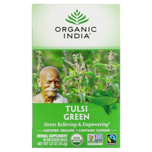 Чай Туласи, зеленый, 18 пакетиков для заваривания, 1,21 унции (34,2 г) Organic India