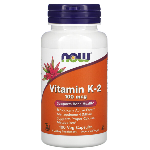 Витамин K-2, 100 мкг, 100 растительных капсул NOW Foods