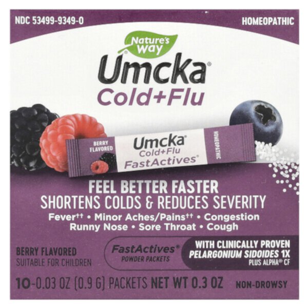 Fast Actives, Umcka, простуда + грипп, ягоды, 10 пакетов по 0,03 унции (0,9 г) каждый Nature's Way