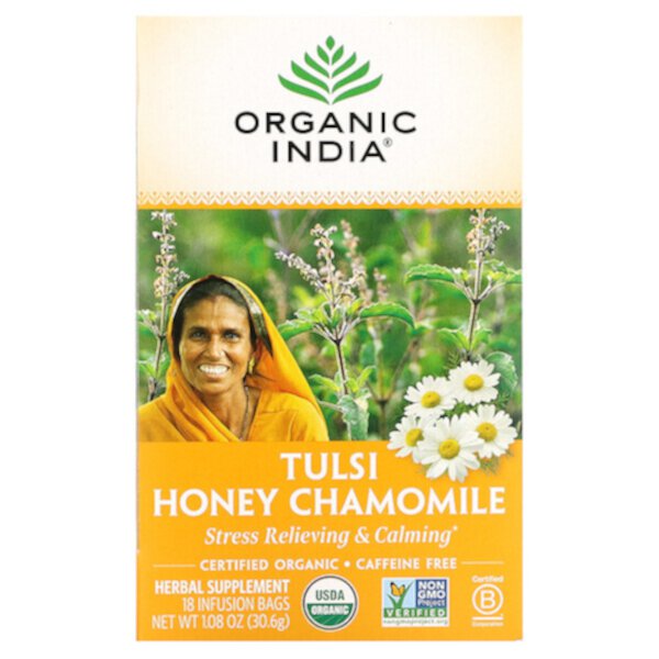 Tulsi Tea, Мед с ромашкой, без кофеина, 18 пакетиков для заваривания, 1,08 унции (30,6 г) Organic India
