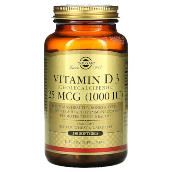 Витамин D3 (холекальциферол), 25 мкг (1000 МЕ), 250 мягких таблеток Solgar