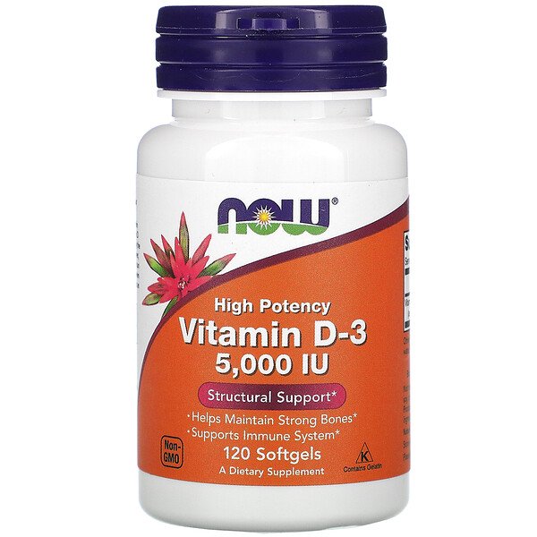 Витамин D-3, 125 мкг (5000 МЕ), 120 мягких таблеток NOW Foods