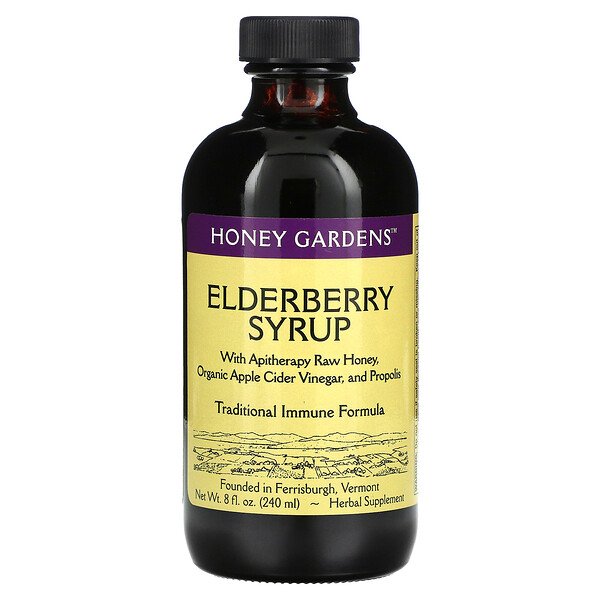 Сироп бузины с сырым медом для апитерапии, органическим яблочным уксусом и прополисом, 8 жидких унций (240 мл) Honey Gardens