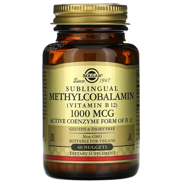 Сублингвальный метилкобаламин (витамин B12), 1000 мкг, 60 наггетсов Solgar